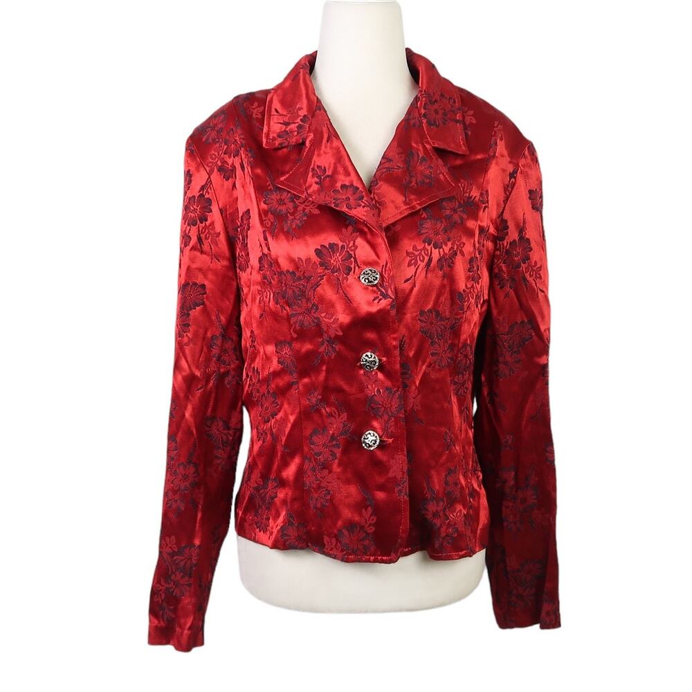 Vintage 90s Dawn Joy deep red silky satin black floral print blazer jacket 12